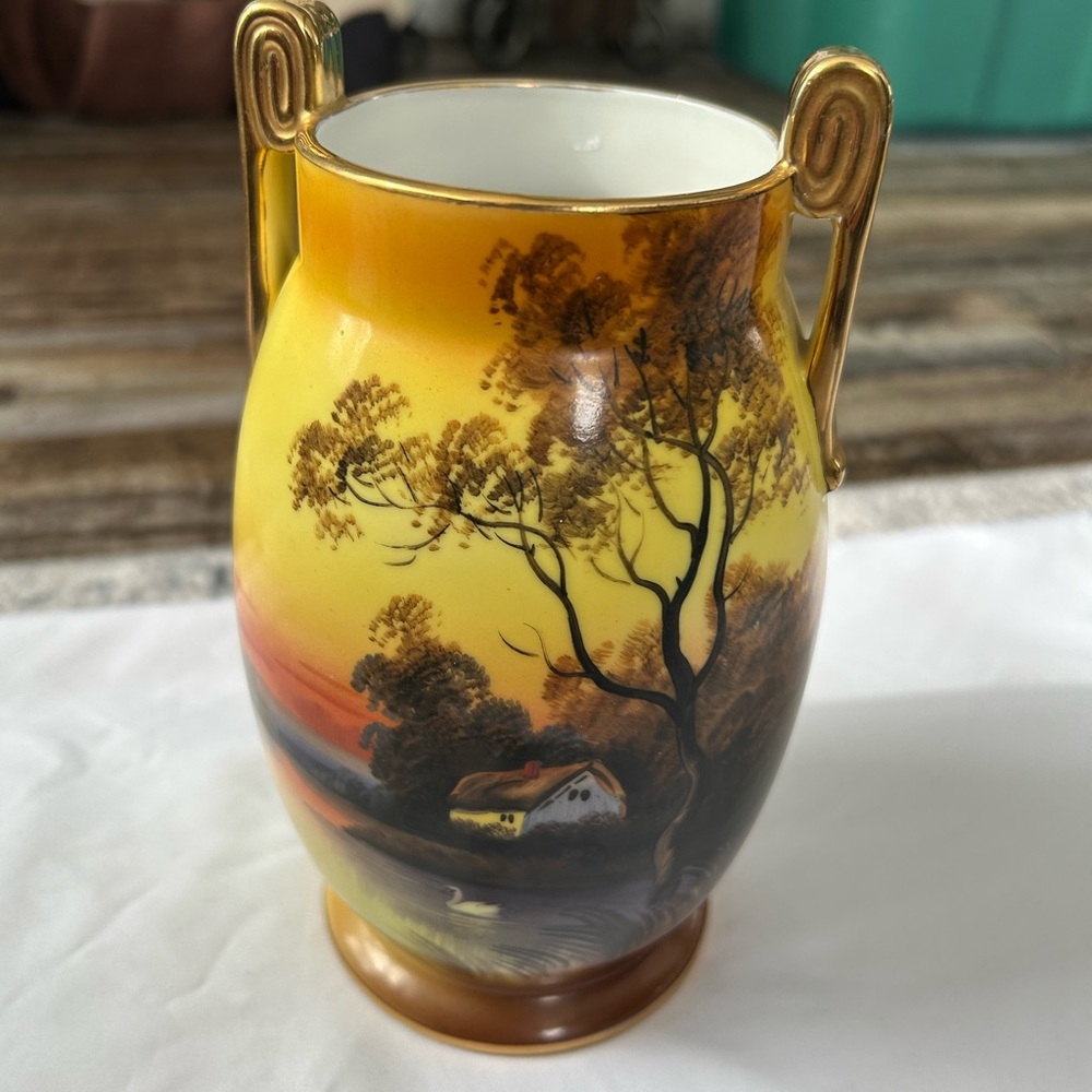 Vintage Noritake Scenic Porcelain Vase with Gold Handles
